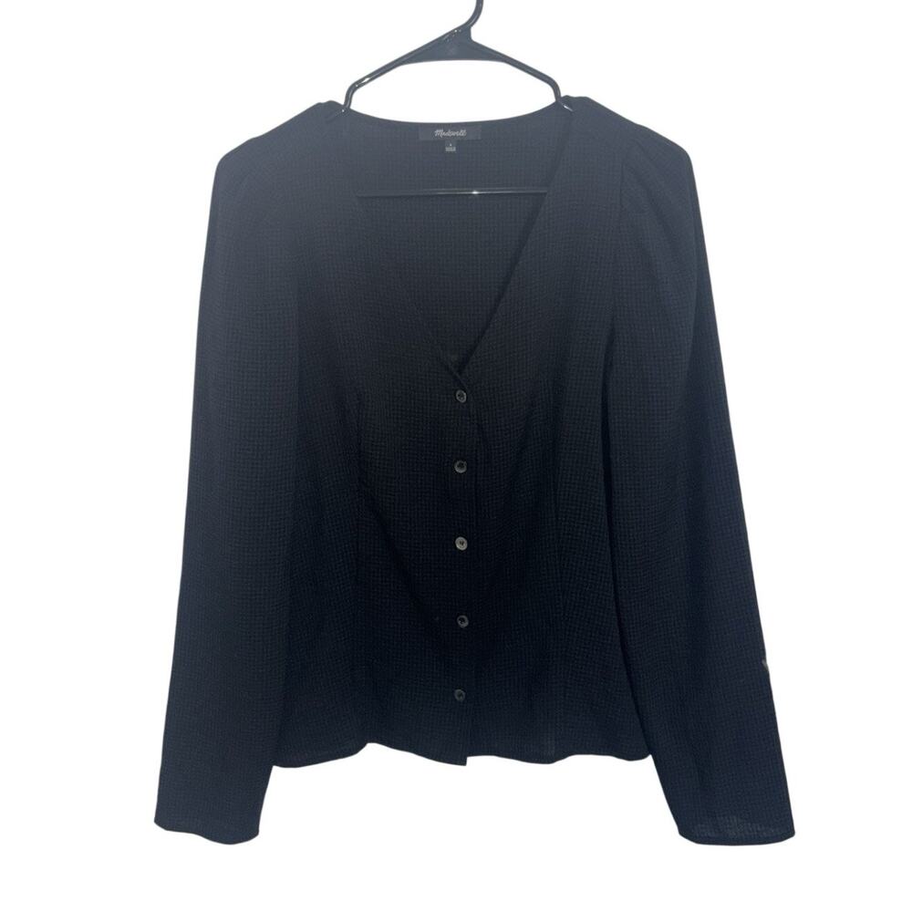 Madewell Black Gingham Print Long Sleeve V Neck Peasant Top 4 Puff Shoulder